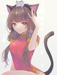  \||/ animal_ears animal_on_head arm_at_side asakura_karen_(heaven_burns_red) brown_hair cat_ears cat_girl cat_on_head commentary_request dress eyelashes fake_animal_ears feline female grey_background hair_between_eyes hand_up heaven_burns_red highres hip_vent light_blush long_hair looking_at_viewer low-tied_long_hair low_twintails on_head parted_lips red_dress rin_0101010 short_dress short_sleeves signature simple_background solo tail tail_raised twintails upper_body very_long_hair yellow_eyes 