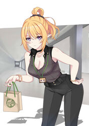  badge bag black_pants black_shirt blonde_hair bracelet breasts chloe_(princess_connect!) cleavage collared_shirt commentary female highres holding holding_bag jewelry kokkoro_(princess_connect!) lanyard leaning_forward long_hair maxwelzy necklace pants paper_bag pointy_ears ponytail princess_connect! purple_eyes shadow shirt shirt_tucked_in sleeveless sleeveless_shirt solo 