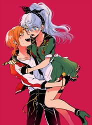  1boy black_pants blue_eyes blush carrying carrying_person dress embarrassed ensemble_stars! epuko female genderswap_(mtf) green_dress grey_hair jacket long_hair low_side_ponytail multicolored_clothes multicolored_jacket open_mouth orange_hair pants red_background red_jacket rule_63 sena_izumi_(ensemble_stars!) shirt straight tsukinaga_leo white_jacket white_shirt 