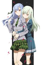  2girls bang_dream! bang_dream!_it&#039;s_mygo!!!!! black_socks blazer blonde_hair blue_hair blue_shirt blue_skirt collared_shirt commentary_request feet_out_of_frame green_necktie grey_jacket haneoka_school_uniform highres hug hug_from_behind jacket kneehighs long_hair multiple_girls necktie oiun one_side_up parted_lips petals pleated_skirt school_uniform shirt skirt socks togawa_sakiko tsukinomori_school_uniform wakaba_mutsumi white_shirt yellow_eyes yuri 