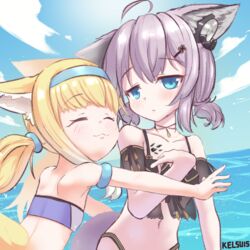  2girls :3 ahoge animal_ears arknights artist_name bare_shoulders bikini black_bikini blonde_hair blue_eyes blue_hairband blue_sky blush closed_eyes closed_mouth cloud collarbone colored_tips earpiece fox_ears fox_girl fox_tail frilled_bikini frills hair_ornament hairband hairclip highres incoming_hug kelsuis long_hair low_twintails material_growth multicolored_hair multiple_girls navel ocean oripathy_lesion_(arknights) purple_hair short_hair shoulder_blades sky sussurro_(arknights) suzuran_(arknights) swimsuit tail twintails water white_hair 