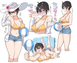  ahoge ball bare_arms bare_shoulders beachball bikini bikini_under_shorts black_hair blue_shorts blush breast_press breasts center-chan_(tapioka_(oekakitapioka)) cleavage commentary_request eyewear_on_headwear female flower from_side front-tie_bikini_top front-tie_top hair_between_eyes hair_intakes halterneck hat hat_flower highleg highleg_bikini holding holding_ball jacket large_breasts midriff multicolor-tinted_eyewear navel off_shoulder open_fly original purple_eyes red_flower reference_sheet short_hair shorts simple_background striped_bikini striped_clothes sun_hat swimsuit tapioka_(oekakitapioka) thick_thighs thighs tomboy very_short_hair volleyball_net white_background white_headwear white_jacket yellow_bikini 