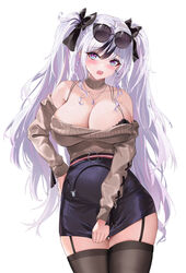  absurdres ano_(madoka23) azur_lane bare_shoulders black_bracelet blue_eyes blush bra bra_peek breasts cleavage commentary_request contrapposto elbe_(azur_lane) elbe_(pure-hearted_bad_girl)_(azur_lane) eyewear_on_head female garter_straps grey_hair highres large_breasts long_hair looking_at_viewer off-shoulder_sweater off_shoulder official_alternate_costume open_mouth pencil_skirt simple_background skirt skirt_tug solo sunglasses sweater thighhighs twintails underwear very_long_hair white_background zettai_ryouiki 