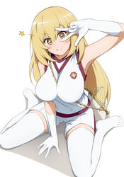  :p arm_up bag blonde_hair breasts brown_eyes commentary_request elbow_gloves female gloves gym_shirt gym_shorts gym_uniform handbag highres large_breasts long_hair looking_at_viewer masakin red_trim school_emblem shirt shokuhou_misaki shorts sitting sleeveless sleeveless_shirt smile solo sparkling_eyes star_(symbol) thighhighs toaru_kagaku_no_railgun toaru_kagaku_no_railgun_t toaru_majutsu_no_index tokiwadai_school_gym_uniform tongue tongue_out w_over_eye wariza white_gloves white_shirt white_shorts white_thighhighs 