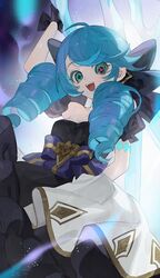  :d arm_tattoo black_gloves blue_eyes blue_hair breasts cleavage dress drill_hair female frost_fog gloves glowing glowing_weapon gwen_(league_of_legends) highres holding holding_scissors holding_weapon league_of_legends lolita_fashion looking_at_viewer open_mouth scissors short_sleeves smile solo star-shaped_pupils star_(symbol) symbol-shaped_pupils tattoo teeth twin_drills upper_body upper_teeth_only weapon 