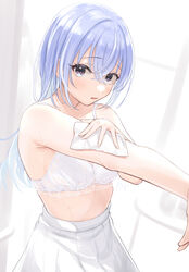  absurdres apron blue_hair blush bra female highres idolmaster idolmaster_shiny_colors indoors kijibato_123-gou lace-trimmed_bra lace_trim long_hair looking_at_viewer no_shirt pleated_skirt sideways_glance skirt solo stomach suzuki_hana sweat underwear very_long_hair white_bra white_skirt white_theme wiping_sweat 