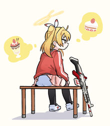  absurdres ahoge ass bench blonde_hair blue_archive brown_eyes cake cake_slice clothes_lift commentary english_commentary expressionless female fn_scar_17 food full_body halo highres hoduochil imagining jacket looking_to_the_side miniskirt panties parfait pink_skirt red_jacket shoes sitting skirt skirt_caught_on_object skirt_lift sneakers solo track_jacket twintails underwear white_panties yoshimi_(blue_archive) 