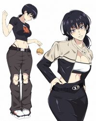  absurdres black_hair breasts cameo chainsaw_man character_doll character_print crop_top denji_(chainsaw_man) female hair_between_eyes highres holding jacket large_breasts long_hair looking_at_viewer mg991998 mitaka_asa narrow_waist navel open_mouth pants pochita_(chainsaw_man) sharp_teeth shirt simple_background smile solo teeth toned 