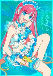  :d bare_shoulders beads bikini bikini_skirt blue_background blue_bikini blue_bow blue_eyes blue_hair blush bow braid center_frills feet_out_of_frame female frilled_bikini frilled_skirt frills hand_on_own_cheek hand_on_own_face hand_up hibino_matsuri hibino_matsuri_(primagista) highres holding holding_water_gun knee_up long_hair looking_at_viewer maid maid_headdress multicolored_hair navel open_mouth oshiri_(o4ritarou) pink_hair pretty_series side_braid sitting skirt smile solo streaked_hair summer_maid_coord swimsuit thigh_strap unconventional_maid very_long_hair waccha_primagi! water_gun white_bow wrist_cuffs 