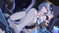  :o asc11 bare_shoulders blue_hair blue_nails breasts chinese_commentary claw_pose cleavage commentary_request dress feet female foot_focus full_body griseo griseo_(cosmic_expression) hair_ornament highres honkai_(series) honkai_impact_3rd jewelry legs long_hair looking_at_viewer medium_breasts nail_polish no_shoes open_mouth pantyhose planet purple_eyes shoes sitting soles solo toes white_dress white_pantyhose 