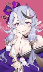  bare_shoulders black_choker black_hair breasts choker cleavage commentary_request crescent crescent_hair_ornament crossed_bangs female fingernails gradient_horns grey_hair hair_between_eyes hair_ornament hair_ribbon hair_tubes hairpin hand_on_own_cheek hand_on_own_face head_rest heavy_breathing highres hikimayu horns index_finger_raised japanese_clothes kimono large_breasts long_hair long_sleeves looking_at_viewer mole mole_under_mouth multicolored_hair multicolored_horns nijisanji oerba_yun_fang off_shoulder open_mouth pink_background pointy_ears pom_pom_(clothes) punipunitoufu purple_eyes purple_hair purple_horns purple_kimono purple_ribbon ribbon rindou_mikoto rindou_mikoto_(1st_costume) short_hair_with_long_locks sidelocks simple_background skin-covered_horns skin_fang sleeves_past_wrists smile solo streaked_hair thick_eyebrows upper_body virtual_youtuber wide_sleeves 