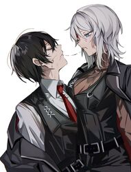  1boy black_hair blood blood_on_face blue_eyes closed_eyes cowboy_shot faust_(project_moon) female highres kissing limbus_company mu46016419 project_moon saliva saliva_trail simple_background sweater white_background white_hair yi_sang_(project_moon) 