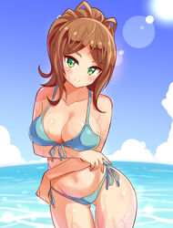  ass_visible_through_thighs azure_striker_gunvolt bikini blue_sky breast_hold breasts brown_hair cleavage closed_mouth cloud cloudy_sky commentary commission cougar_(cougar1404) cowboy_shot crossed_arms day female front-tie_bikini_top front-tie_top green_eyes groin halterneck head_tilt horizon large_breasts lens_flare looking_at_viewer monica_(gunvolt) navel ocean original outdoors ponytail side-tie_bikini_bottom skeb_commission sky smile solo standing sunlight swimsuit thigh_gap wading water wet 