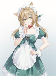  absurdres alternate_costume apron brown_hair dress enmaided female frilled_apron frills green_dress green_eyes hair_ornament hairclip highres honkai:_star_rail honkai_(series) long_hair looking_at_viewer low_twintails maid maid_apron maid_headdress puffy_short_sleeves puffy_sleeves qingque_(honkai:_star_rail) short_sleeves solo twintails waist_apron white_apron wrist_cuffs yukiri_(l_ii) 