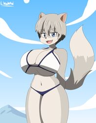  absurd_res anthro big_breasts bikini breasts canid canine canis clothing fangs female hana_uzaki hands_behind_back hi_res huge_breasts lirudraw mammal solo swimwear teeth uzaki-chan_wa_asobitai! wolf 