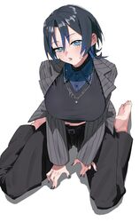  alternate_breast_size barefoot belt black_belt black_hair black_nails black_pants black_shirt blue_eyes blue_hair blue_shirt breasts chain_necklace chains collared_shirt feet female full_body grey_jacket hair_between_eyes highres hiodoshi_ao hololive hololive_dev_is jacket jewelry large_breasts looking_at_viewer midriff_peek mole mole_under_mouth multicolored_hair nail_polish necklace on_ground open_clothes open_jacket open_mouth pants parted_bangs pinstripe_jacket pinstripe_pattern shirt short_hair sidelocks simple_background sitting soles solo streaked_hair striped_clothes striped_jacket sweatdrop toes uzuradobin vertical-striped_clothes vertical-striped_jacket virtual_youtuber wariza white_background 