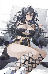  absurdres bad_arm black_eyes black_hair breasts cleavage cleavage_cutout closed_mouth clothing_cutout commentary feet_out_of_frame female flantia flower fubuki_(senran_kagura) hair_flower hair_ornament hand_on_own_stomach highres japanese_clothes large_breasts looking_at_viewer lying on_back pale_skin pillow senran_kagura senran_kagura_new_link solo twintails wavy_hair 