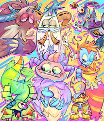  4_horns ambiguous_gender anthro big_blue_bubble box brown_body brown_fur celestial_monster container dawn_of_fire dwumrohl facial_hair feral flum_ox fur g&#039;joob galvana green_body group hair hi_res horn humanoid lidded_eyes mammal moustache multi_horn my_singing_monsters one_eye_closed open_mouth open_smile orange_hair pixolotl purple_body purple_fur smile tail thatpitt toony tusks underbite wheezel white_body wink wubbox_(my_singing_monsters) wublin 