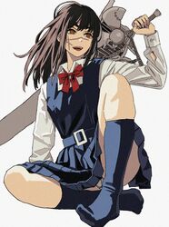  black_hair blue_jacket blue_skirt bow chainsaw_man dorsiflexion female fourth_east_high_school_uniform highres holding holding_sword holding_weapon jacket knee_up legs no_shoes panties panty_peek red_bow scar scar_on_cheek scar_on_face scar_on_nose school_uniform shiren_(ourboy83) shirt skirt solo sword toes underwear weapon white_background white_panties white_shirt yellow_eyes yoru_(chainsaw_man) 