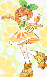  :d absurdres apron arm_up artist_name bloomers bow collared_dress commentary_request cup dress drinking_straw eyewear_on_head female food food-themed_background fruit full_body gaogao_(gaogaomegu) garnish green_neckerchief hair_ornament hairbow highres holding holding_tray kneehighs leaf leaf_hair_ornament looking_at_viewer neckerchief open_mouth orange_(fruit) orange_dress orange_eyes orange_footwear orange_hair orange_slice original outstretched_arm personification puffy_short_sleeves puffy_sleeves roller_skates scrunchie short_hair short_sleeves skates smile socks solo standing sunglasses symbol_in_eye tray waitress white_socks wrist_scrunchie yellow-framed_eyewear yellow_scrunchie 