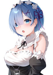  absurdres blue_eyes blue_hair blush breasts cleavage commentary detached_sleeves eyes_visible_through_hair female frilled_sleeves frills hair_ornament hair_over_one_eye hair_ribbon highres large_breasts looking_at_viewer maid maid_headdress open_mouth purple_ribbon re:zero_kara_hajimeru_isekai_seikatsu rem_(re:zero) ribbon ribbon-trimmed_clothes ribbon_trim roswaal_mansion_maid_uniform short_hair sido_(ama_r007) simple_background solo white_background x_hair_ornament 