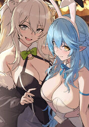  2girls animal_ears black_jacket black_leotard blue_bow blue_bowtie blue_hair bow bowtie breasts cleavage fingernails green_bow green_bowtie grey_eyes grey_hair guchico highres hololive jacket large_breasts leotard lion_ears long_fingernails long_hair multiple_girls oerba_yun_fang playboy_bunny pointy_ears shishiro_botan smile unfinished v virtual_youtuber white_leotard wrist_cuffs yellow_eyes yukihana_lamy 