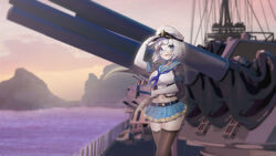  absurdres alia_adelia belt_buckle blue_choker blue_eyes blue_sailor_collar blue_skirt breasts buckle choker collarbone copyright_name crop_top elbow_gloves female glasses gloves hand_on_headwear hand_up hat highres kaiend maha5 military_hat military_vehicle navel neckerchief ocean parted_lips peaked_cap pleated_skirt purple_neckerchief round_eyewear sailor_collar ship shirt short_hair skirt solo star_(symbol) teeth thighhighs upper_teeth_only virtual_youtuber warship watercraft white_gloves white_hair white_hat white_shirt 