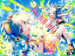  2girls :3 :d arrow_(symbol) black_thighhighs blue_sky breasts chunithm cleavage cloud commentary cross-shaped_pupils cytus dress dual_persona falling feathered_wings feathers freedom_dive full_body green_hair green_wings headphones long_hair looking_at_viewer medium_bangs medium_hair multiple_girls official_art one_eye_closed open_mouth orange_dress orange_footwear pleated_dress red_eyes ryori shoes short_dress single_thighhigh sky sky_feather_(chunithm) sleeveless sleeveless_dress small_breasts smile star_(symbol) symbol-shaped_pupils teeth thigh_strap thighhighs upper_teeth_only wind wings 