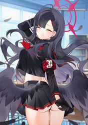  ^_^ absurdres ahoge arm_behind_head armband ass asymmetrical_bangs black_gloves black_hair black_serafuku black_wings blue_archive blunt_bangs blush breasts classroom closed_eyes cropped_shirt facing_viewer falling_feathers feathered_wings feathers female floating_hair furrowed_brow gloves halo highres ichika_(blue_archive) indoors long_hair medium_breasts microskirt midriff neckerchief pleated_skirt red_armband red_halo red_neckerchief school_uniform serafuku skirt smile solo twisted_torso very_long_hair wings yukineko1018 