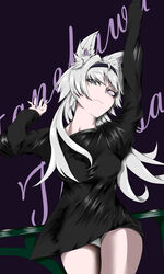  absurdres animal_ears bare_arms black_hairband black_shirt breasts bright_pupils chinese_commentary commentary cross-shaped_pupils grey_eyes grey_hair hair_intakes hairband hanekawatsubasa-56 heterochromia highres incredibly_absurdres long_hair long_sleeves mechanical_ears medium_breasts mismatched_irises mismatched_pupils no.21:_feral_scent_(punishing:_gray_raven) no.21_(punishing:_gray_raven) punishing:_gray_raven red_pupils shirt shorts sidelocks symbol-shaped_pupils white_eyes white_pupils white_shorts wolf_ears 