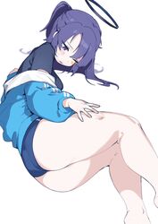  aqua_jacket ass bare_legs black_shirt blue_archive blue_buruma blush breasts buruma commentary_request feet_out_of_frame female halo highres hufy jacket korean_commentary long_hair long_sleeves mechanical_halo medium_breasts official_alternate_costume one_eye_closed open_clothes open_jacket parted_lips ponytail purple_eyes purple_hair shirt simple_background solo sweat tears thighs white_background yuuka_(blue_archive) yuuka_(track)_(blue_archive) 