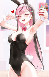  animal_ears armpits arms_up bandaid bandaid_on_neck bare_shoulders bikini black_hair black_hairband black_leotard blurry bow bowtie breasts cleavage covered_navel cowboy_shot depth_of_field detached_collar ear_piercing fake_animal_ears fake_tail female groin hair_ornament hairband hairclip heart highleg highleg_bikini highres indie_virtual_youtuber kfr leotard long_hair looking_at_viewer medium_breasts moyaji_(vtuber) multicolored_hair nail_polish oerba_yun_fang open_mouth outstretched_arm piercing pink_hair playboy_bunny rabbit_ears rabbit_tail red_eyes skindentation smile solo standing strapless strapless_leotard streaked_hair swept_bangs swimsuit tail teeth tongue two-tone_hair v very_long_hair virtual_youtuber wrist_cuffs 