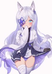  absurdres animal_ear_fluff animal_ears azur_lane bad_id bad_pixiv_id black_gloves blue_eyes blue_skirt blush clothes_lift covering_own_mouth cowboy_shot female fox_ears fox_girl gloves hair_over_one_eye hand_over_own_mouth highres japanese_clothes kasumi_(azur_lane) kimono long_hair long_sleeves looking_at_viewer panties pleated_skirt sakura_rino simple_background skirt skirt_lift solo striped_clothes striped_panties thighhighs underwear white_background white_hair white_kimono white_thighhighs 