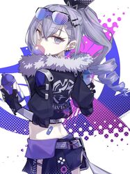  bandaid chewing_gum cropped_jacket drill_hair drill_ponytail eyewear_on_head female fingerless_gloves fur-trimmed_jacket fur_trim gloves grey_eyes grey_hair hair_ornament hair_ribbon hairclip highres holding honkai:_star_rail honkai_(series) jacket looking_at_viewer looking_back ribbon shorts silver_wolf_(honkai:_star_rail) solo spray_paint yubeshi_(zecxl) 