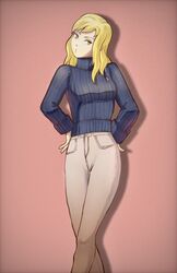  blonde_hair blue_sweater breasts brown_pants casual female final_fantasy final_fantasy_tactics hands_on_own_hips highres long_hair looking_to_the_side medium_breasts milleuda_folles nose open_mouth pants shadow simple_background solo soosupaan sweater yellow_eyes 