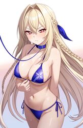  absurdres alternate_costume armpit_crease bare_shoulders bikini blonde_hair blue_bikini blush braid breasts chain_leash chains cleavage collar commentary_request counter:side ecclesia_(counter:side) female frown hair_between_eyes hair_ribbon highres korean_commentary large_breasts leash ll_0109 long_hair looking_at_viewer mole mole_under_eye mors_(counter:side) navel red_eyes ribbon sideboob simple_background solo stomach swimsuit thighs underboob white_background 