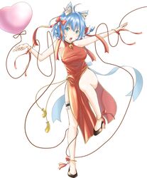  ahoge alternate_costume alternate_hairstyle animal_ear_fluff animal_ears balloon bangle bell black_footwear blue_eyes blue_hair blush bracelet braid breasts china_dress chinese_clothes dog_ears dog_girl dress female full_body heart_balloon highres jewelry jingle_bell leg_up looking_at_viewer lovermoonlight medium_bangs medium_breasts nanashi_inc. neck_bell open_mouth red_dress shoes short_hair smile solo souya_ichika standing standing_on_one_leg thigh_strap twin_braids virtual_youtuber 