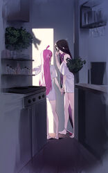  2girls absurdly_long_hair absurdres ahoge ako_ko_(yaguo) bare_legs barefoot blue_eyes breasts brown_hair colored_inner_hair highres holding_hands indoors kitchen long_hair looking_at_another multicolored_hair multiple_girls open_mouth original oven panties panties_around_ankles panty_pull pink_hair pity_(yaguo) plant potted_plant shirt short_sleeves sleepy squeans underwear very_long_hair white_shirt yaguo 