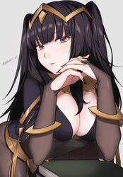  armlet artist_name black_cape black_hair black_nails blunt_bangs bodystocking book book_stack breasts bridal_gauntlets cape cleavage commentary covered_navel eyelashes female fire_emblem fire_emblem_awakening gold grey_eyes highres large_breasts leaning_forward long_hair looking_at_viewer peach11_01 pelvic_curtain skin_tight solo tharja_(fire_emblem) tiara twitter_username two_side_up 