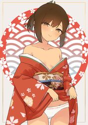  bare_shoulders blush breasts brown_eyes brown_hair clothes_lift female floral_print highres i-401_(kancolle) japanese_clothes kantai_collection kimono kimono_lift lifting_own_clothes long_sleeves looking_at_viewer obi off_shoulder panties print_kimono red_kimono sakieko sash small_breasts smile solo underwear white_panties wide_sleeves 