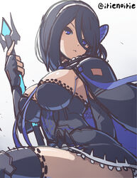  black_cape black_dress black_gloves black_hair black_thighhighs blue_eyes breasts cape cleavage dress female fingerless_gloves from_below gloves hair_ornament irie_keisuke_(handn) large_breasts long_hair looking_at_viewer phantasy_star phantasy_star_online_2 phantom_(pso2) protagonist_(pso2) simple_background solo staff thighhighs thighs twitter_username white_background 