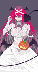  bandages baobhan_sith_(fate) bare_shoulders breasts claw_pose cleavage demon_girl demon_tail fangs fate/grand_order fate_(series) female grey_background grey_eyes halloween hand_up head_wings highres iii_(pixiv27971399) jack-o&#039;-lantern looking_at_viewer low_wings mummy_costume nail_polish navel open_mouth pink_hair pointy_ears pumpkin red_nails solo tail wings 