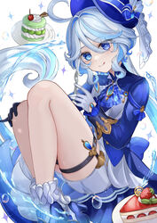  :q absurdres ascot asymmetrical_gloves blue_ascot blue_brooch blue_eyes blue_footwear blue_gemstone blue_hair blue_hat blue_jacket cake cake_slice cowlick drop-shaped_pupils female food fork full_body furina_(genshin_impact) gem genshin_impact gloves hand_on_own_knee hat heterochromia highres holding holding_fork hydrokinesis jacket knees_up kodona left-handed legs_together light_blue_hair lolita_fashion long_hair mismatched_gloves mismatched_pupils mugita_(mokankan) shorts sidelocks socks solo sparkle strawberry_shortcake symbol-shaped_pupils thigh_strap tongue tongue_out top_hat twitter_username water wavy_hair white_background white_shorts white_socks 