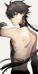  1boy ahoge aleo back back_focus backless_shirt bare_back bare_shoulders black_hair black_shirt changyu:_qilin_(punishing:_gray_raven) changyu_(punishing:_gray_raven) chinese_commentary collared_shirt commentary crossed_bangs dated elbow_gloves from_behind gloves highres horns long_hair looking_at_viewer looking_back male_focus mechanical_hands mechanical_horns ofuda_earrings profile punishing:_gray_raven red_eyes shirt shoulder_blades signature single_horn solo toned toned_male upper_body 