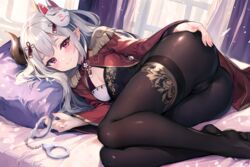  absurdres ai-assisted ass bed blush breasts cuffs demon female fox_mask highres horns long_hair mask naraka_(nijisanji) nijisanji on_bed pantyhose pointy_ears red_eyes shackles smile sugiki virtual_youtuber 