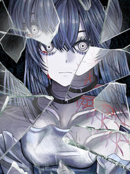  absurdres ado_(utaite) app_filter black_choker blood blood_from_eyes blue_hair broken_glass choker closed_mouth cloud_nine_inc collarbone commentary constricted_pupils dress female glass glass_shards hair_between_eyes highres light_frown long_hair looking_at_viewer meme nemophila2929 pale_skin reflection ringed_eyes shards shattered solo straight-on straight_hair unravel_(song) upper_body veins white_dress wide-eyed 