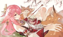  animal_ears breasts cherry_blossoms detached_sleeves earrings female floppy_ears fox fox_ears fox_girl fox_tail genshin_impact highres jewelry long_hair nontraditional_miko pink_hair pink_nails purple_eyes sideboob smile tail talesofmea vision_(genshin_impact) wide_sleeves yae_miko 