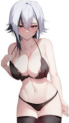  alternate_costume areola_slip arlecchino_(genshin_impact) black_bra black_hair black_panties black_thighhighs bra breasts cleavage closed_mouth collarbone cowboy_shot female genshin_impact grey_eyes highres large_breasts lessone multicolored_hair navel panties simple_background solo stomach streaked_hair symbol-shaped_pupils thighhighs underwear white_background white_hair x-shaped_pupils 