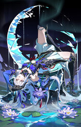  bare_shoulders black_footwear black_gloves blue_sleeves crescent crescent_moon detached_sleeves female flower gloves high_heels high_ponytail highres holding holding_flower honkai:_star_rail honkai_(series) ice jingliu_(honkai:_star_rail) leg_up lily_pad long_hair looking_up lying moon night night_sky on_back on_crescent petals petals_on_liquid ponytail purple_flower red_eyes royan skirt sky solo thighs unworn_blindfold water water_lily_flower white_flower white_hair white_skirt 