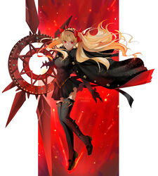  absurdres black_cape black_dress black_gloves black_thighhighs blonde_hair breasts cape dark-skinned_female dark_skin dress earrings ereshkigal_(fate) ereshkigal_alter_(fate) fate/grand_order fate_(series) female full_body fur-trimmed_cape fur_trim gloves hair_ribbon highres hoop_earrings jewelry long_hair long_sleeves looking_at_viewer medium_breasts minoe08 parted_bangs red_eyes ribbon solo thighhighs tiara two_side_up weapon 